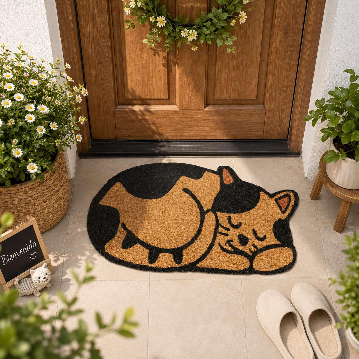 Home Universal ® Felpudos 60x40CM Fibra de Coco | Base Antideslizante de Caucho | Apto para el Exterior (Gato Durmiendo)