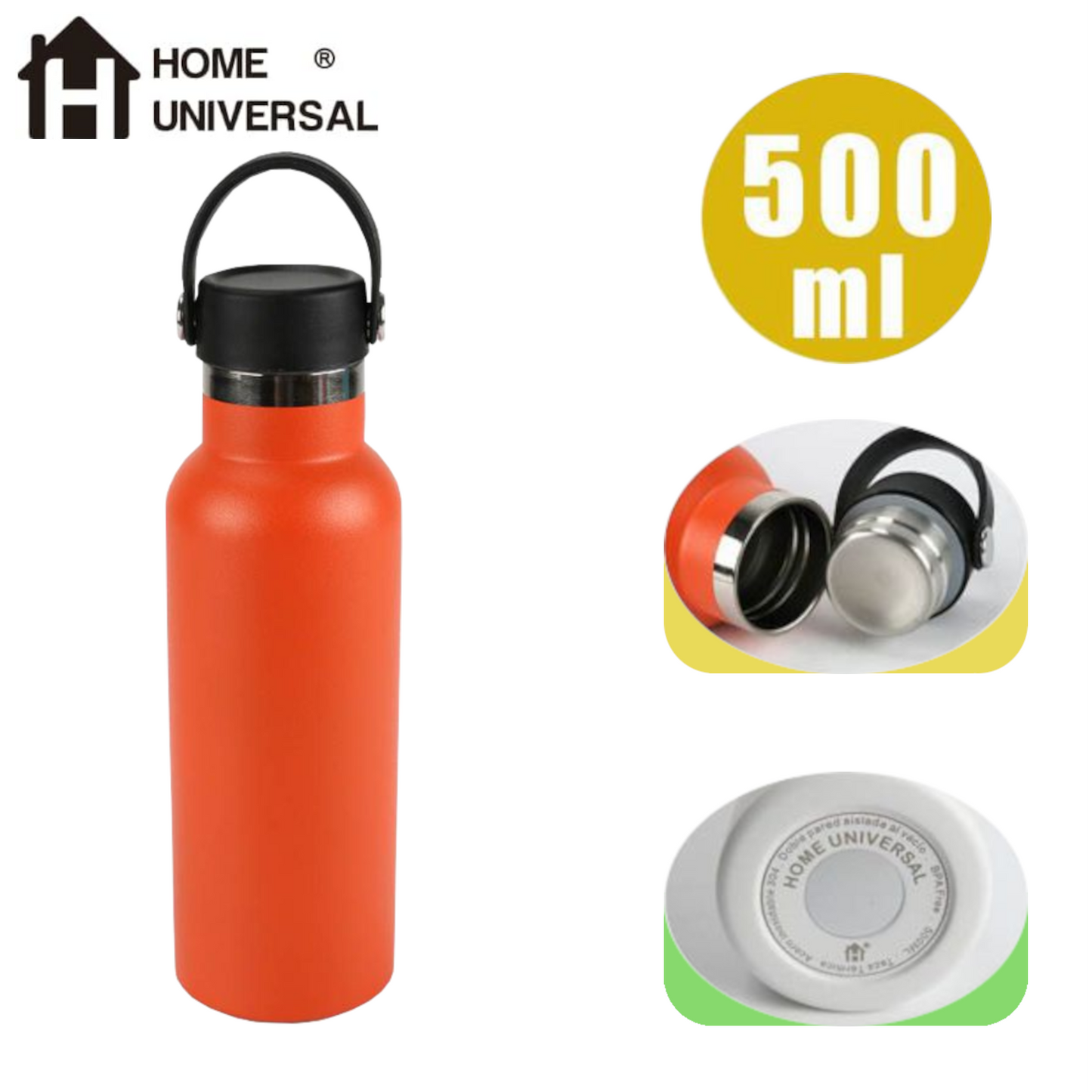 Home Universal® Botella Térmica 500ml de Acero Inoxidable | 12h y Frías 24h | Doble Pared | Mantiene Frío y Caliente por Horas | Antiderrames, Ligera e Ideal para Deporte, Oficina y Viajes (Naranja)