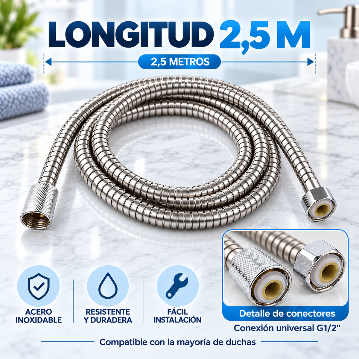 Home Universal® Manguera de Ducha Universal G1/2 – Flexible, Antienredos y Fácil de Instalar, Compatible con la Mayoría de Duchas (Plata Acero (2.5m))