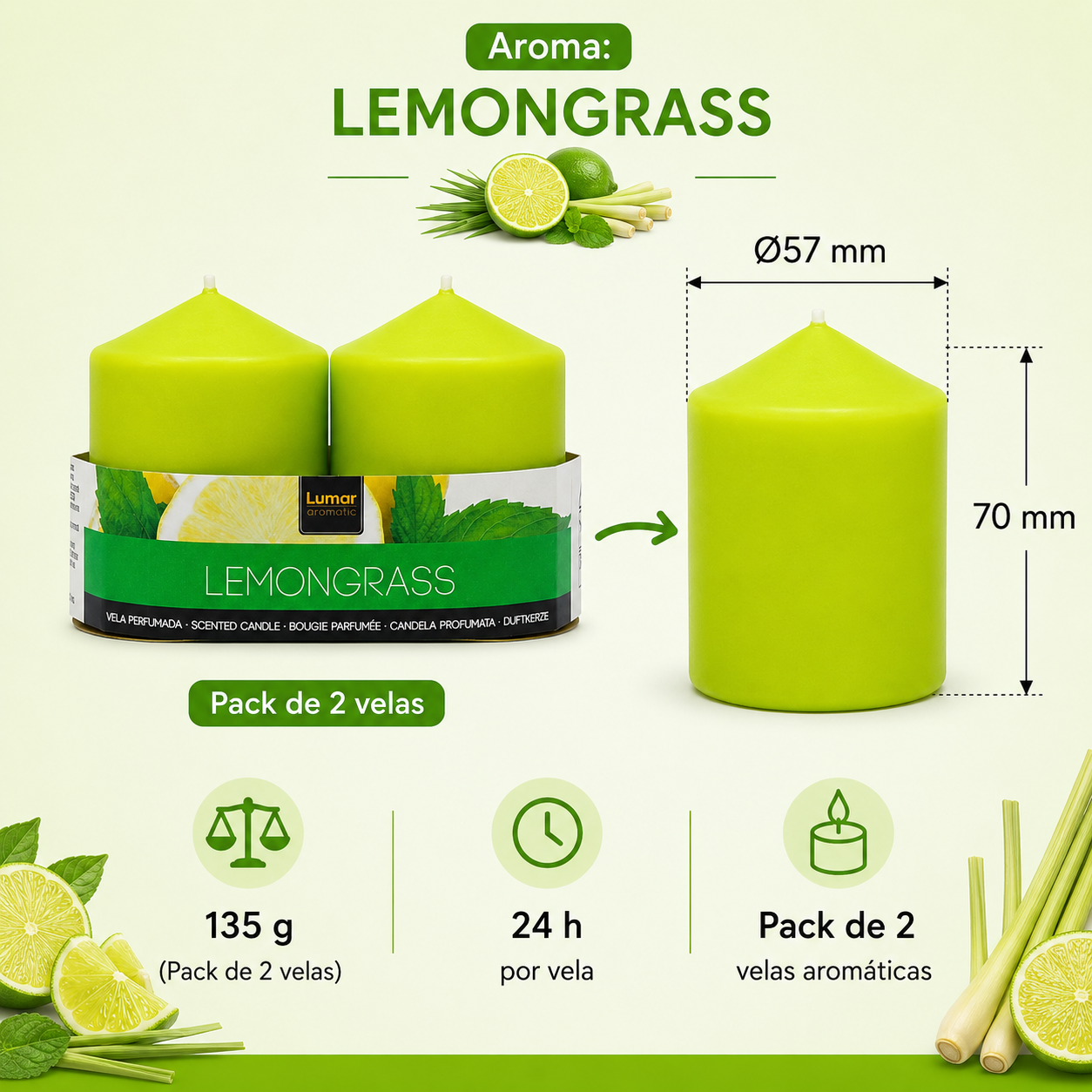 Home Universal® 6 Velas Aromáticas Perfumadas, 9 Aromas Disponibles, 2 Tamaños Disponibles, Velas Decorativas para Hogar, Relax, Spa y Aromaterapia (VERDE LIMA Ø57 × 70 mm)