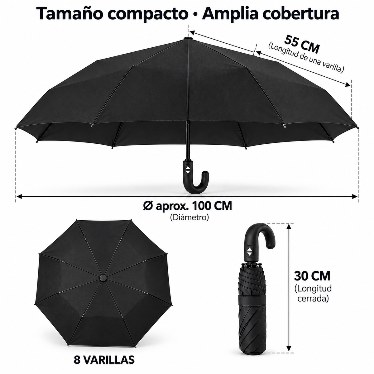 Home Universal® Paraguas Automático Plegable Grande, Compacto y Resistente, para Lluvia y Sol (Mango Curvo (Negro))