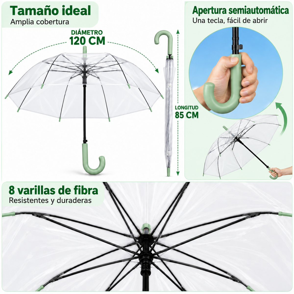 Home Universal® Paraguas Transparente Grande 120 cm, Paraguas de Cúpula con Mango Curvo, Apertura Semiautomática (Verde)