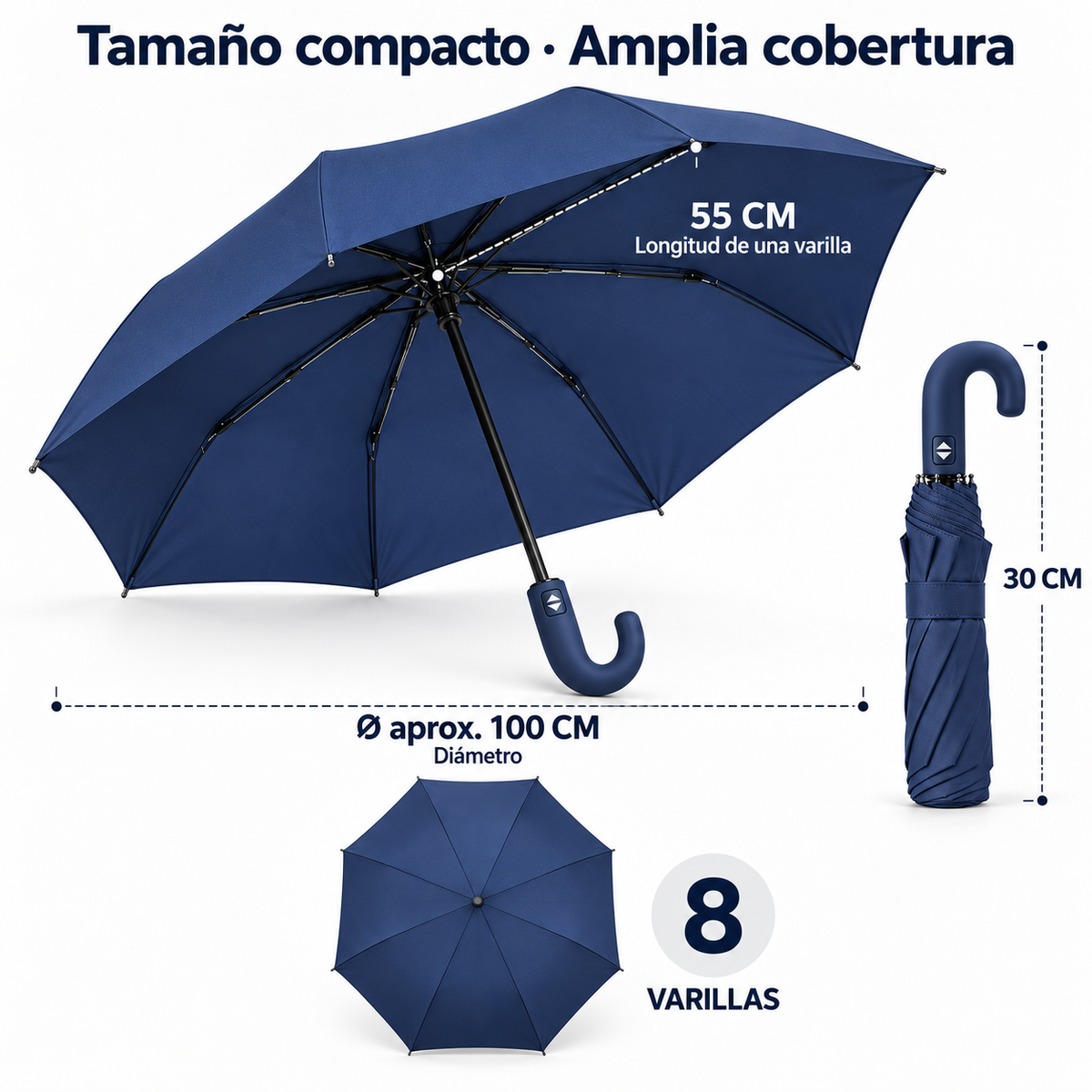Home Universal® Paraguas Automático Plegable Grande, Compacto y Resistente, para Lluvia y Sol (Mango Curvo (Azul))