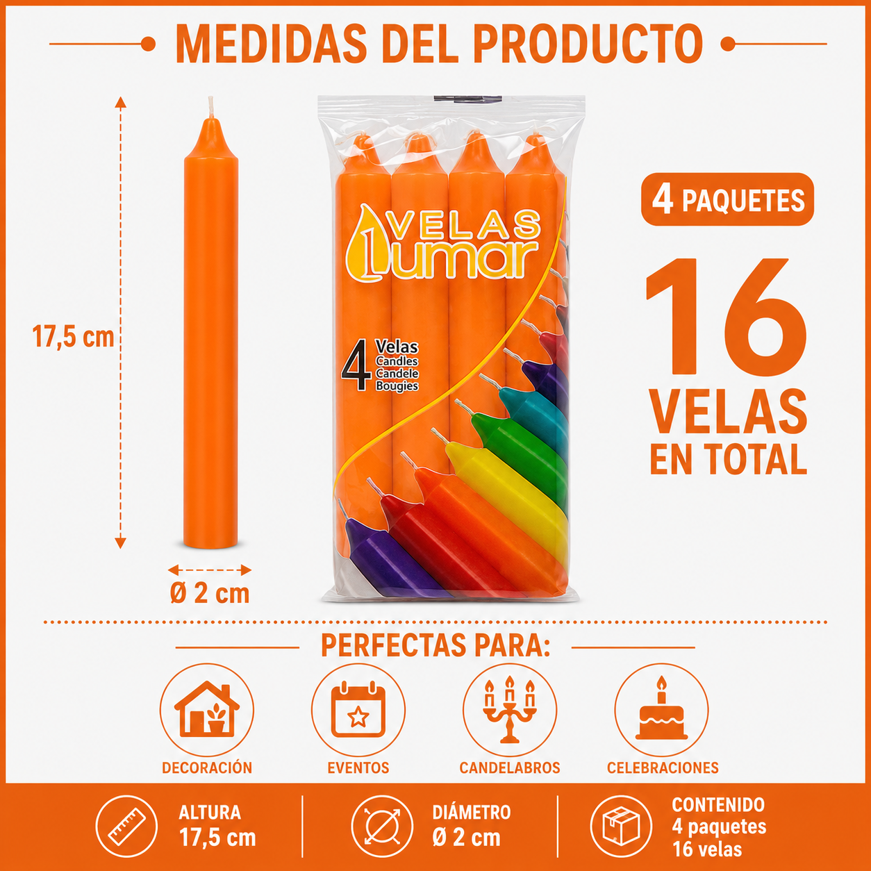 Home Universal® Pack de 16 Velas Cilíndricas Naranja Atardecer 175x20 mm, Velas para Candelabros, Decoración de Mesa, Bodas, Comuniones y Eventos