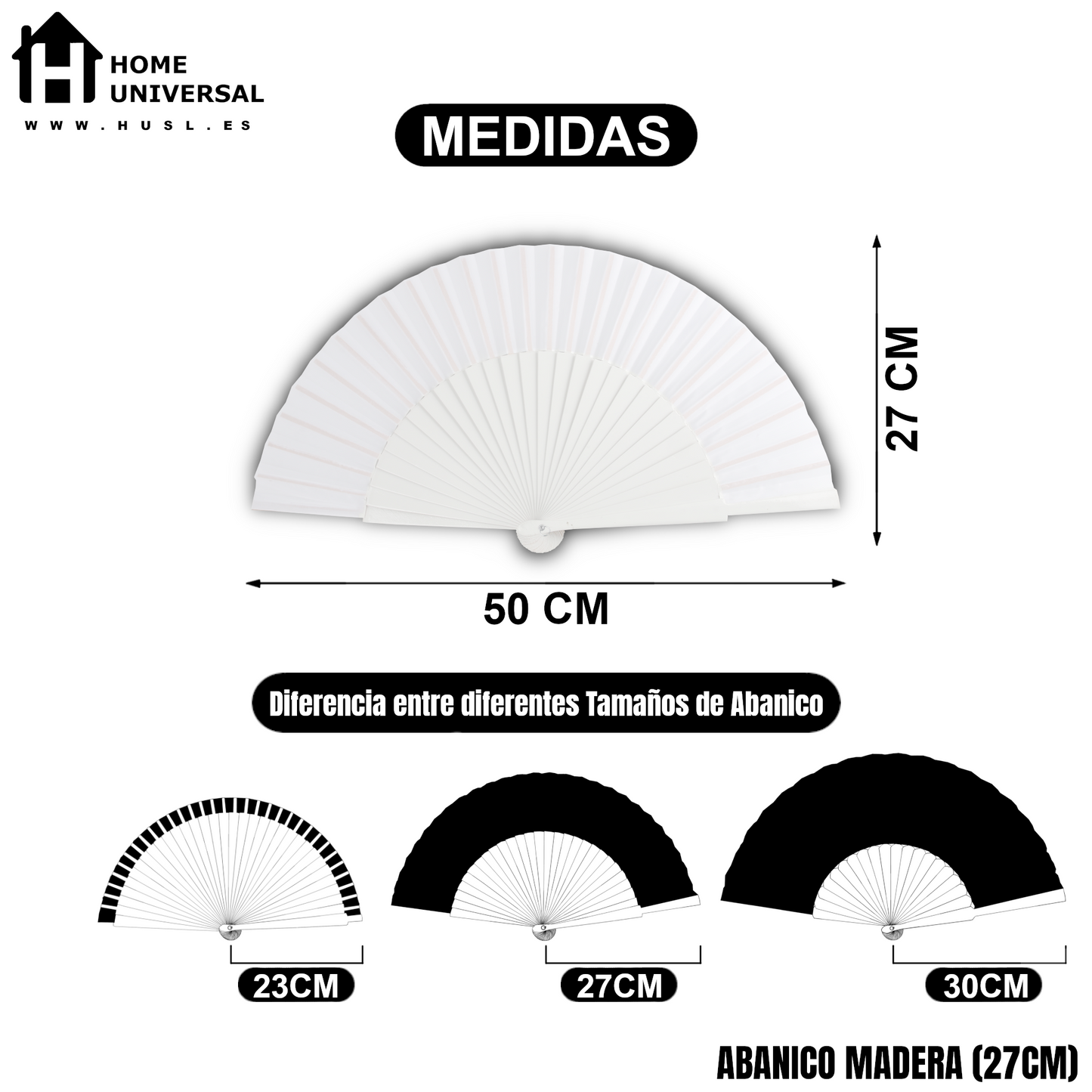 Home Universal® Abanico de madera con argollas para colgar, plegable, ligero y resistente, ideal para bodas, eventos y verano, diseño clásico y portátil perfecto para regalo y uso diario - Blanco (27CM)