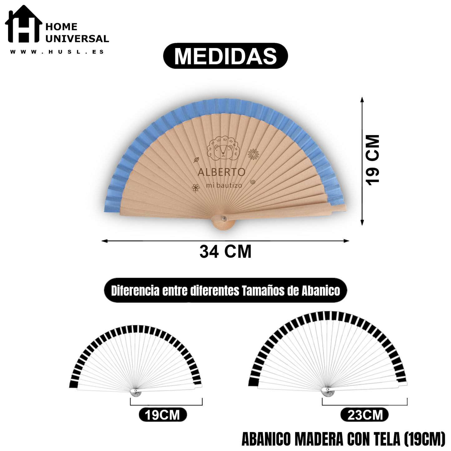 Home Universal® Abanico Personalizado de Madera, 1 Unidad – Detalle Elegante para Boda, Bautizo o Comunión, con Nombre y Fecha, Recuerdo Original para Invitados, 19 y 23 cm(Azul)