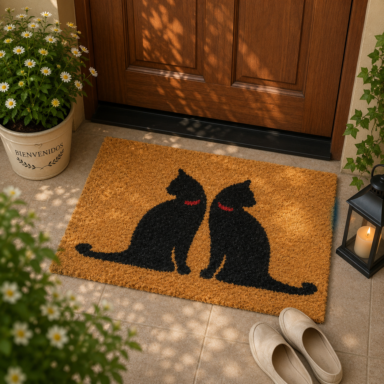 Home Universal ® Felpudos 60x40CM Fibra de Coco | Base Antideslizante de Caucho | Apto para el Exterior (Dos Gatos Negros)