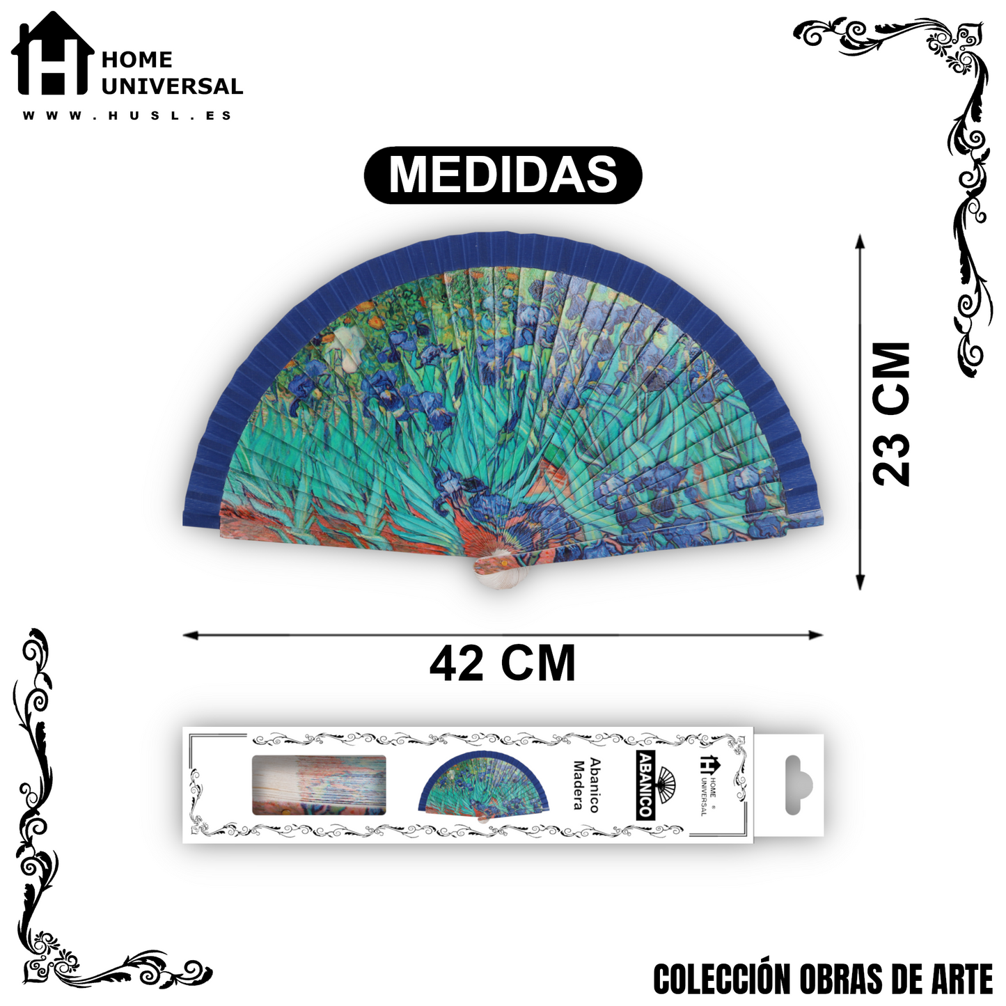 Home Universal®  Abanico 23CM DE Madera Lisa con Tela de Marfil, Abanico de Madera Adornado, Abanico Original - Lirios de Vincent Van Gogh
