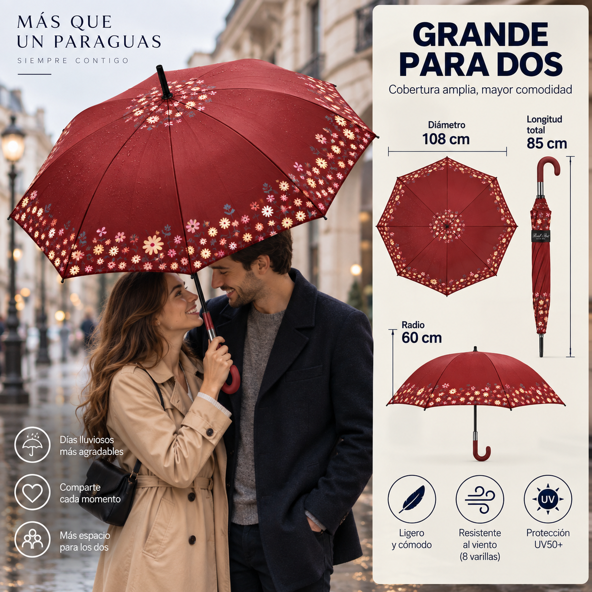 Home Universal® Paraguas Grande Semiautomático, Paraguas Largo Resistente al Viento con Mango Curvo para Mujer y Hombre (Rojo Pasión)