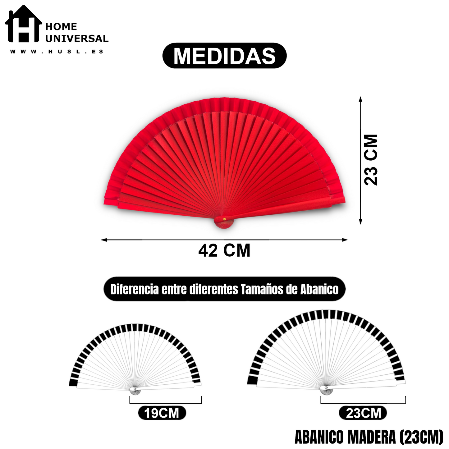 Home Universal® Pack de 1/2 Abanicos de Madera Lacados, Disponibles en Varios Colores y Tamaños, Abanico Flamenco Español para Bodas, Ferias, Fiestas, Comuniones y Eventos (23 cm, Rojo)