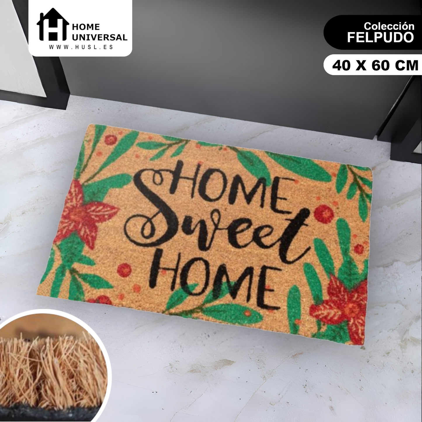 Home Universal ® Felpudos 60x40CM Fibra de Coco | Base Antideslizante de Caucho | Apto para el Exterior (HOME SWEET HOME) Beige