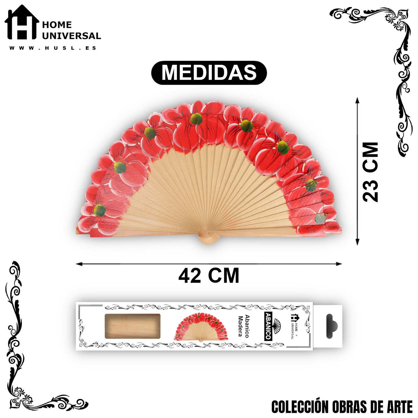 Home Universal®  Abanico 23CM DE Madera Lisa con Tela de Marfil, Abanico de Madera Adornado, Abanico Original - Floral Rojo
