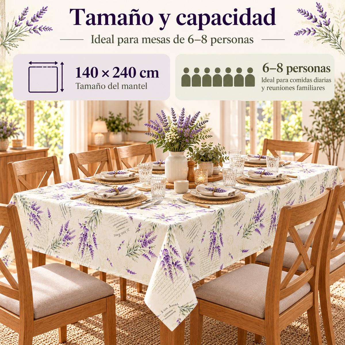 Home Universal® Mantel de Mesa Impermeable y Antimanchas, Tejido de Loneta con Efecto Lino , Liso o Estampado, para Cocina y Comedor (Lavanda)