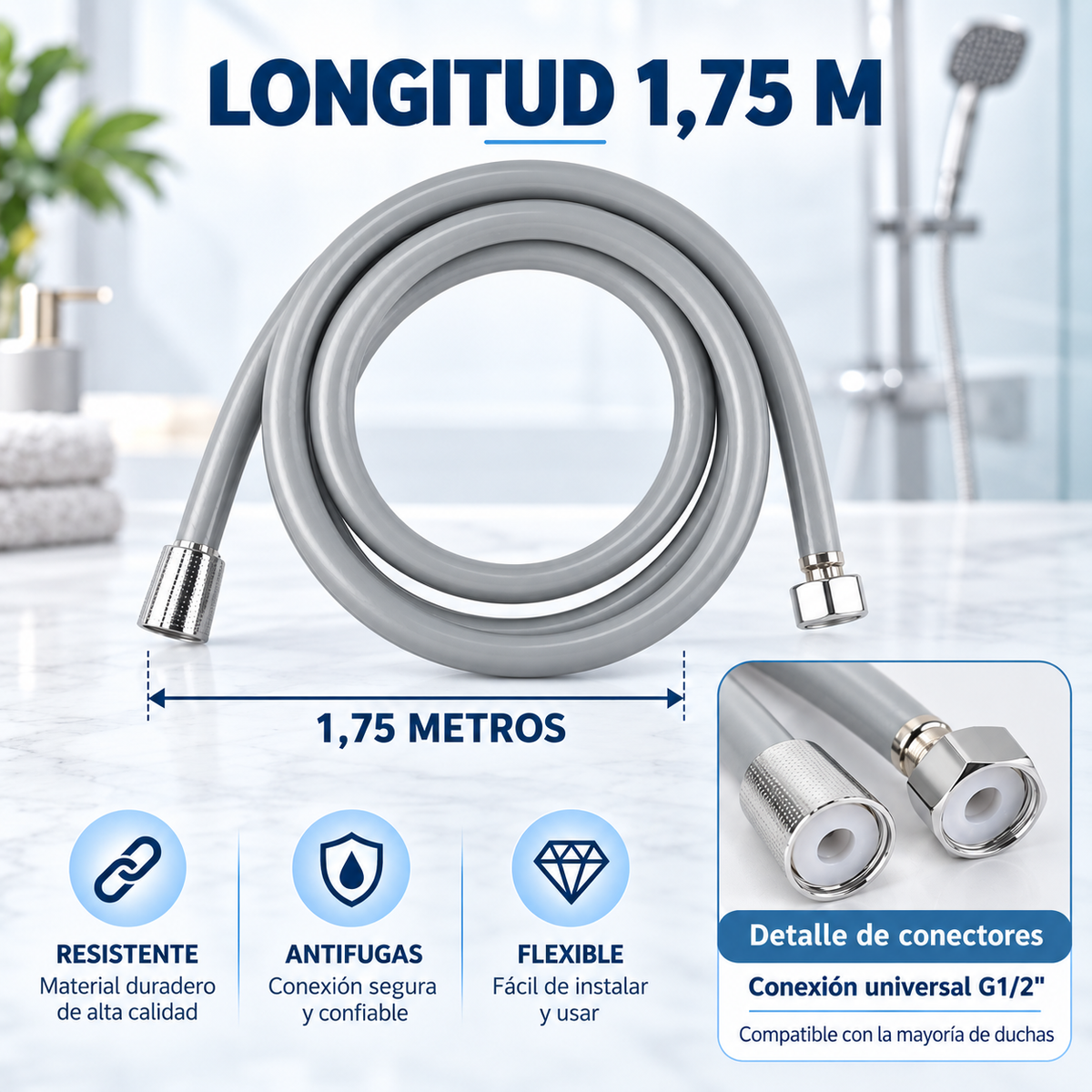 Home Universal® Manguera de Ducha Universal G1/2 – Flexible, Antienredos y Fácil de Instalar, Compatible con la Mayoría de Duchas (Gris Plata (1.75m))