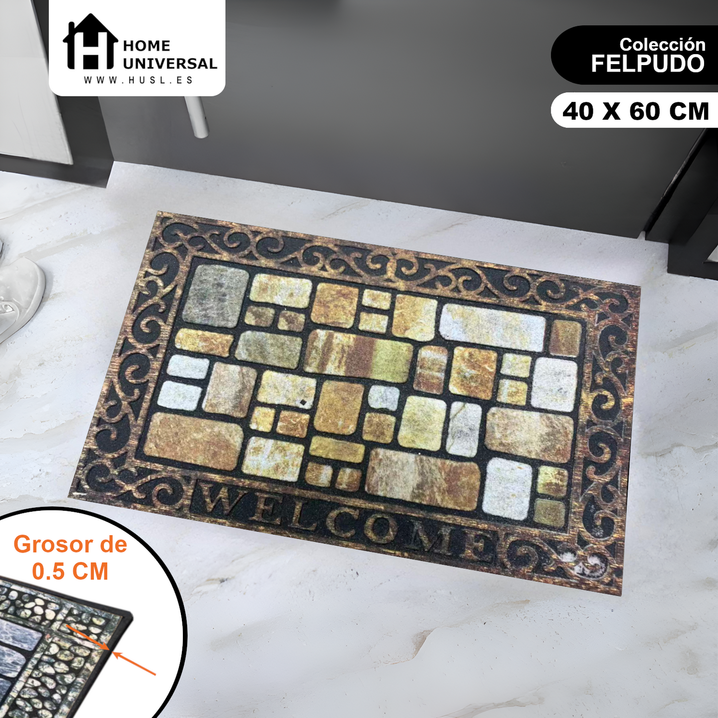 Home Universal® Felpudo de Goma Antideslizante para Exterior y interior – Resistente a Lluvia y Barro, Limpia Zapatos, Alta Durabilidad – Varias Medidas, 40X60CM, WELCOME (Mosaico Rústico con Marco)