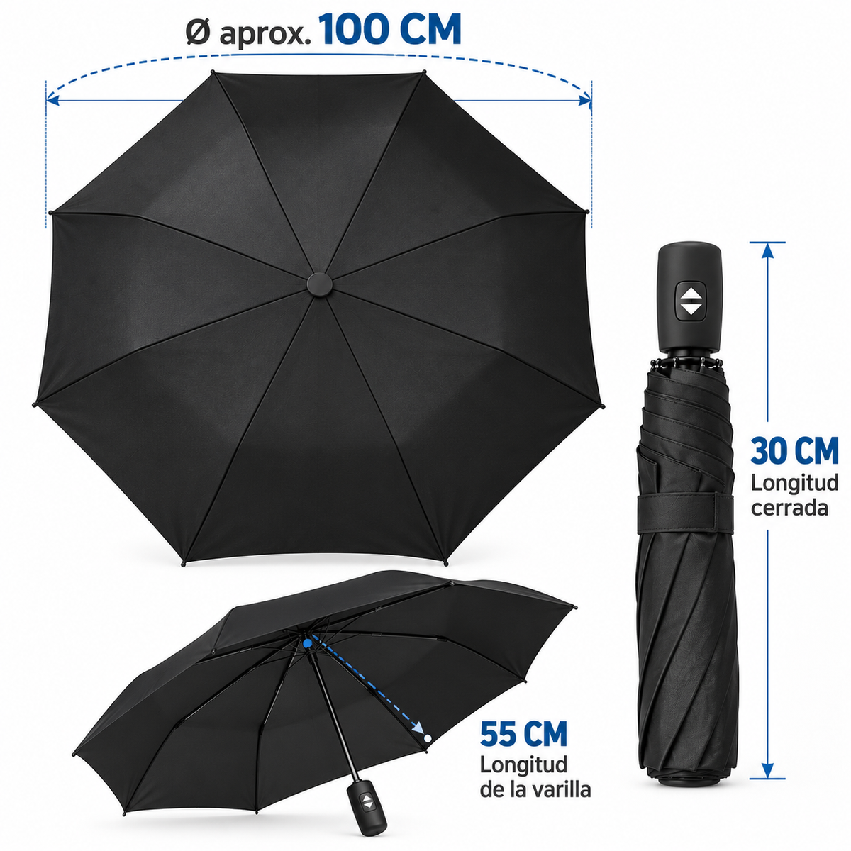 Home Universal® Paraguas Automático Plegable Grande, Compacto y Resistente, para Lluvia y Sol (Automático Apertura y Cierre (Negro))