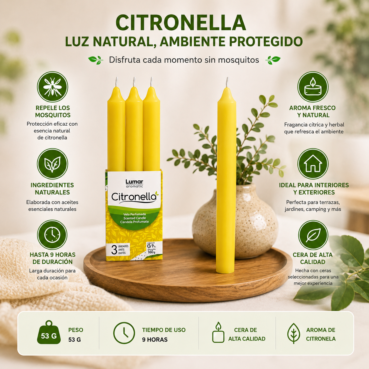Lumar Citronela – Velas Antimosquitos para Exterior, Jardín, Terraza y Balcón | Protección Natural contra Mosquitos para Verano - Citronela Cónica Larga (18 Unidades)