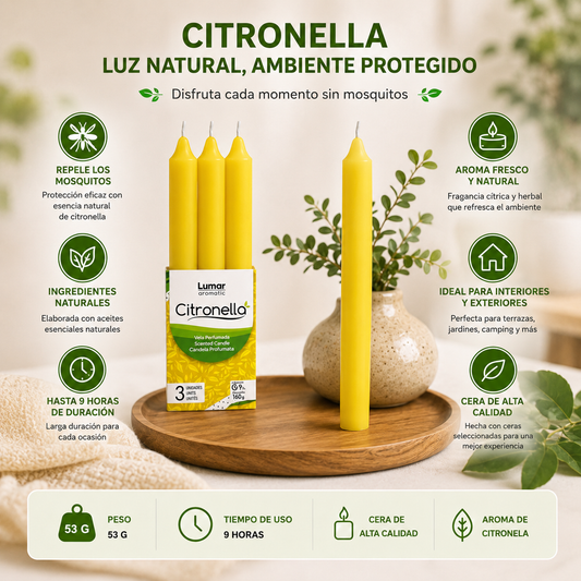 Lumar Citronela – Velas Antimosquitos para Exterior, Jardín, Terraza y Balcón | Protección Natural contra Mosquitos para Verano - Citronela Cónica Larga (18 Unidades)