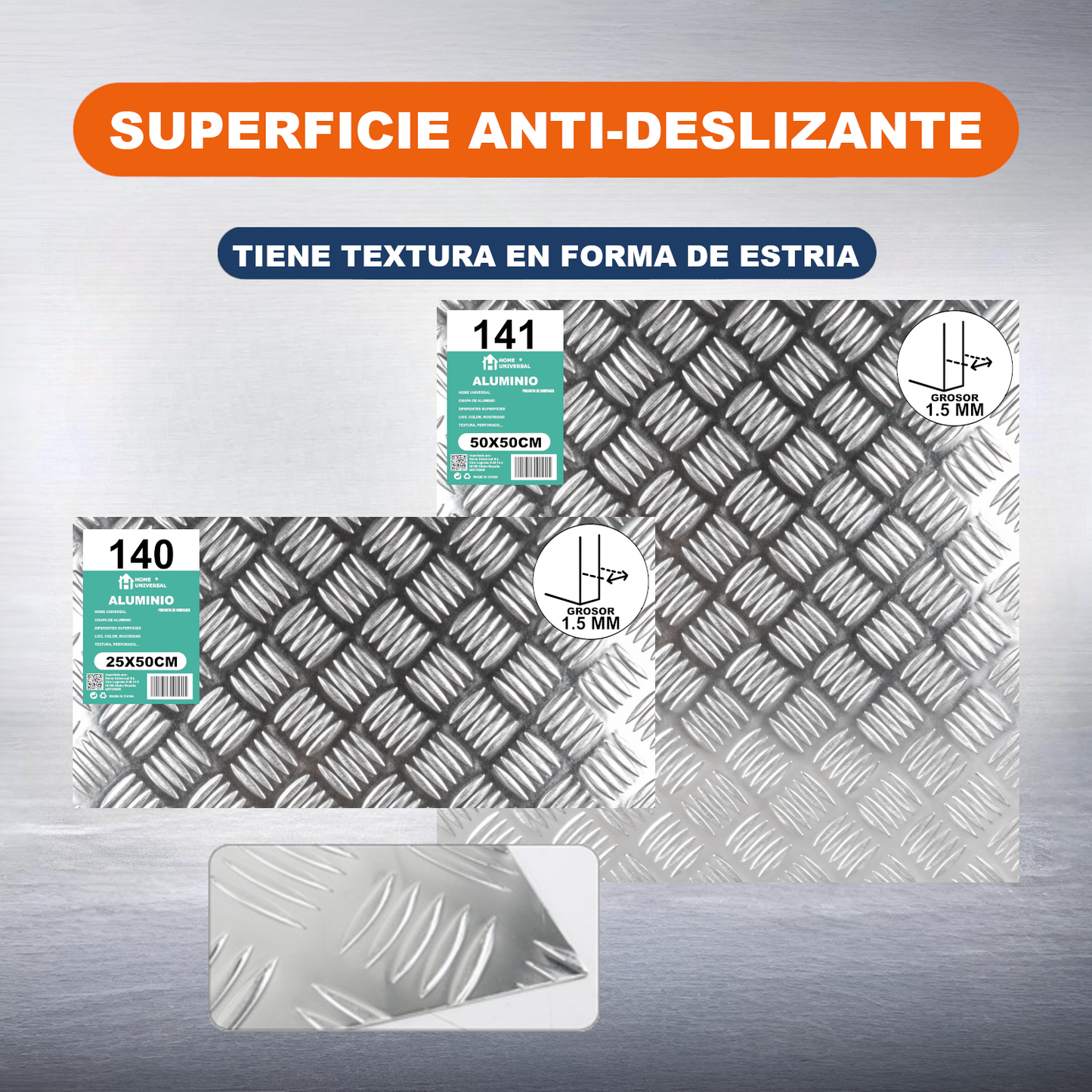 ome Universal® Chapa de Aluminio Estriada, Lisa, Malla y Perforada (Cuadrada, Ovalada, Redonda), Rugosa – Lámina Metálica Resistente Anticorrosión para Bricolaje e Industria Superficie (Estriada) - Estriada (50X50CM - 1.5MM)