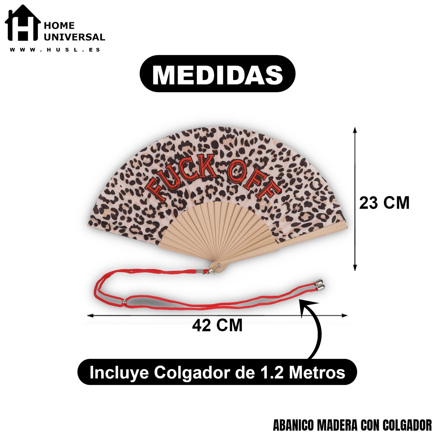 Home Universal® Abanico 23 cm con Cuerda para Cuello – Abanico Plegable de Madera Ligero y Portátil – Accesorio de Verano para Playa, Festivales, Bodas y Eventos – Diseño Divertido, Ideal para Viajes y Calor (FUC* OFF (Leopardo))