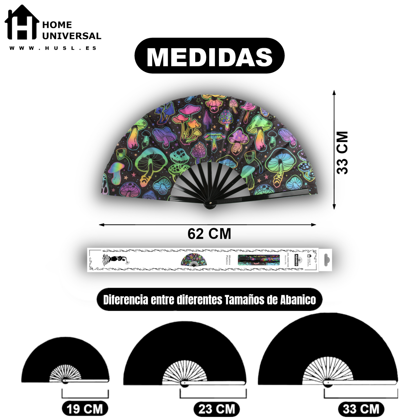Home Universal® Abanico XXL 33 cm Grande de Plástico con Caja – Plegable, Ligero y Resistente – Efecto Fluorescente Brillante – Ideal para Verano, Fiesta, Discoteca, Pride y Eventos (Setas - Multicolor)
