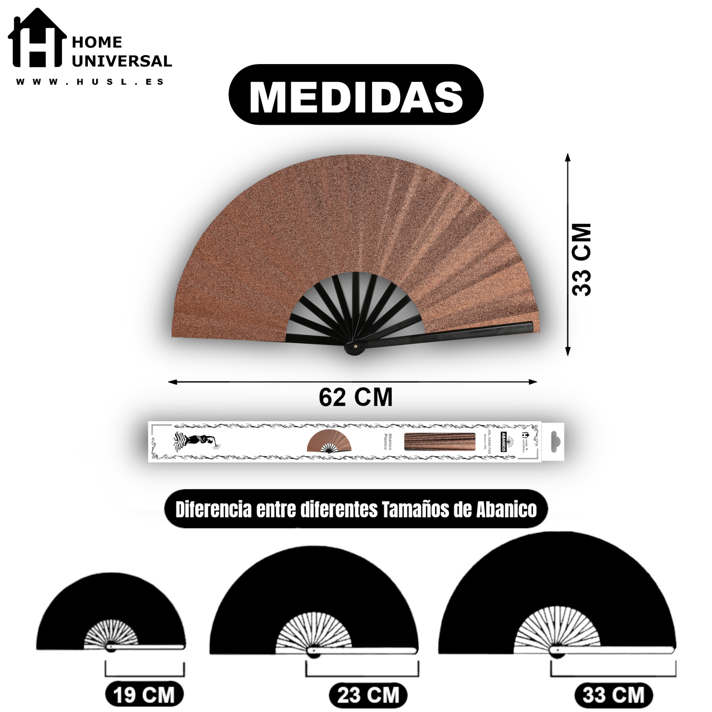 Home Universal® Abanico XXL 33 cm Grande de Plástico con Caja – Plegable, Ligero y Resistente – Efecto Fluorescente Brillante – Ideal para Verano, Fiesta, Discoteca, Pride y Eventos - Marrón (Purpurina)
