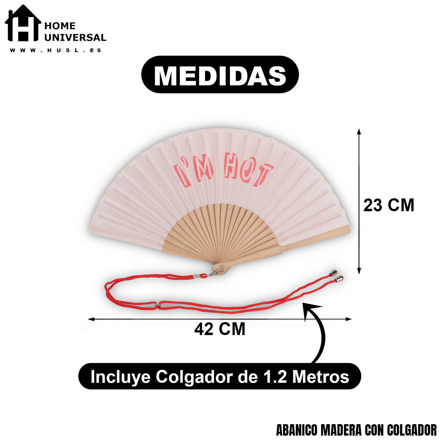 Home Universal® Abanico 23 cm con Cuerda para Cuello – Abanico Plegable de Madera Ligero y Portátil – Accesorio de Verano para Playa, Festivales, Bodas y Eventos – Diseño Divertido, Ideal para Viajes y Calor (I´M HOT (Rosa Palo))