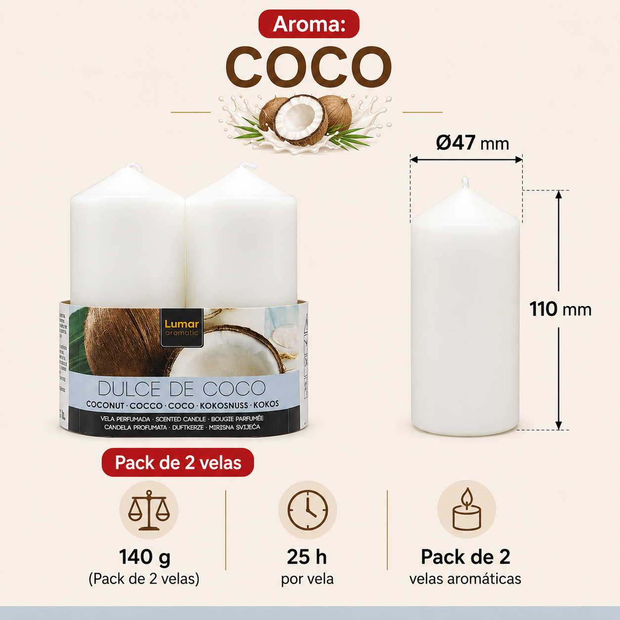 Home Universal® 6 Velas Aromáticas Perfumadas, 9 Aromas Disponibles, 2 Tamaños Disponibles, Velas Decorativas para Hogar, Relax, Spa y Aromaterapia (COCO Ø47 × 110 mm)