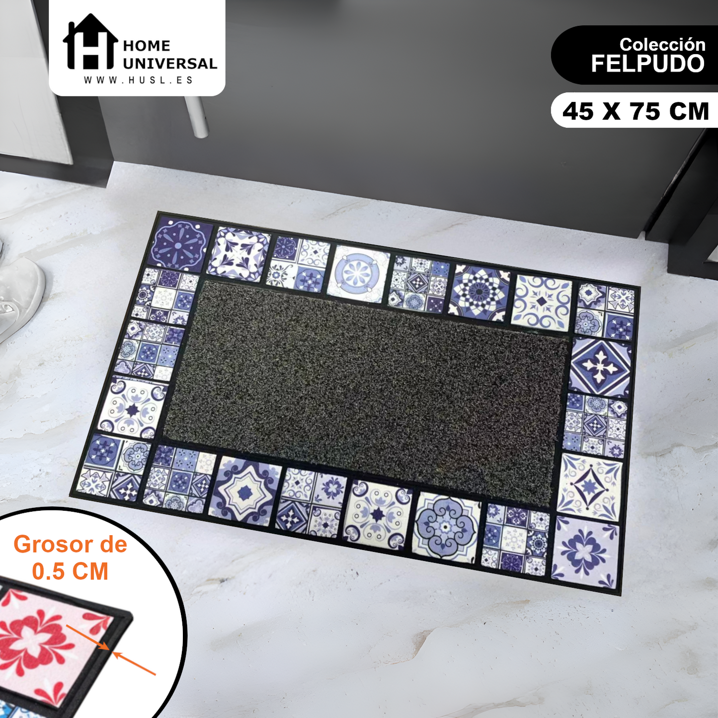 Home Universal® Felpudo de Goma Antideslizante para Exterior y interior – Resistente a Lluvia y Barro, Limpia Zapatos, Alta Durabilidad – Varias Medidas, 45X75CM, Azul (Estilo Baldosas Vintage)