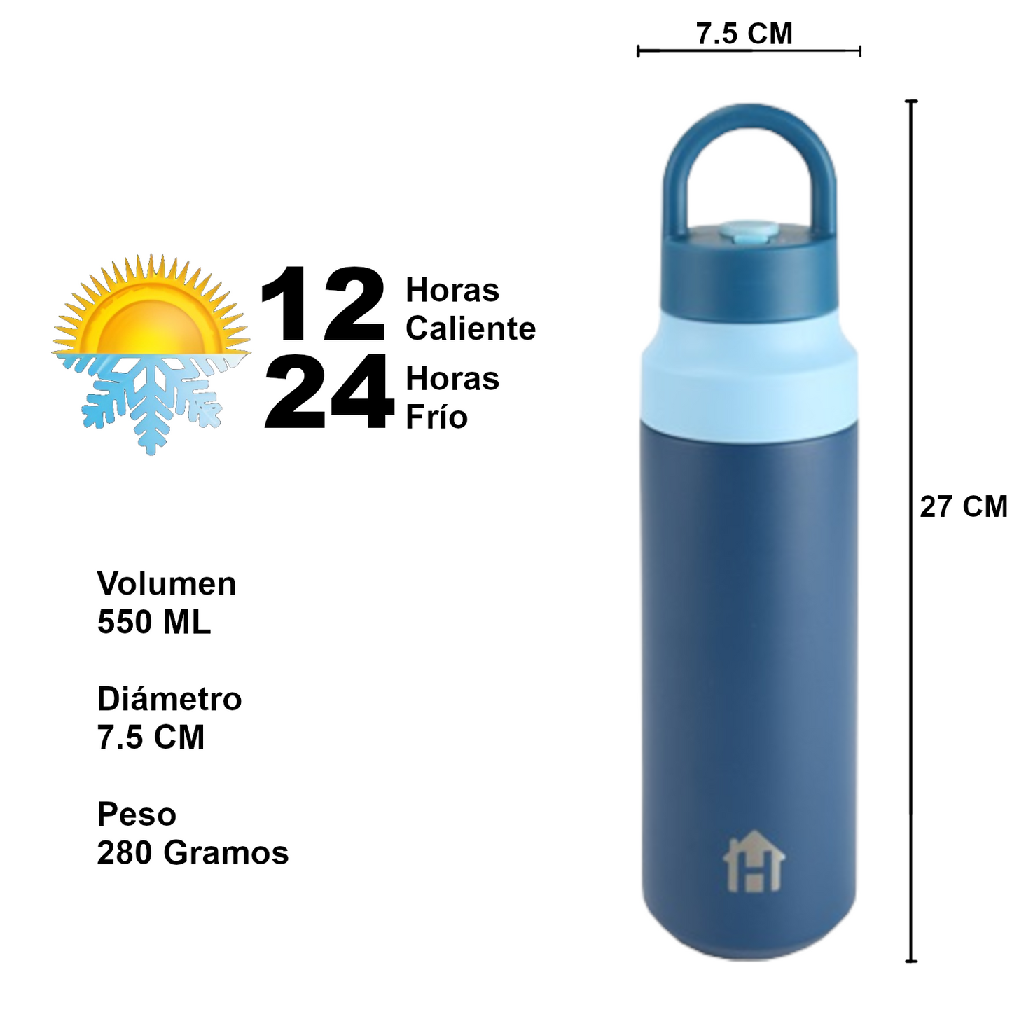 Home Universal® Botella Térmica 550ML de Apertura Rápida – Termo de Acero Inoxidable Antifugas para Café, Té y Bebidas Frías 24H/Calientes 12H (Azul Marino)