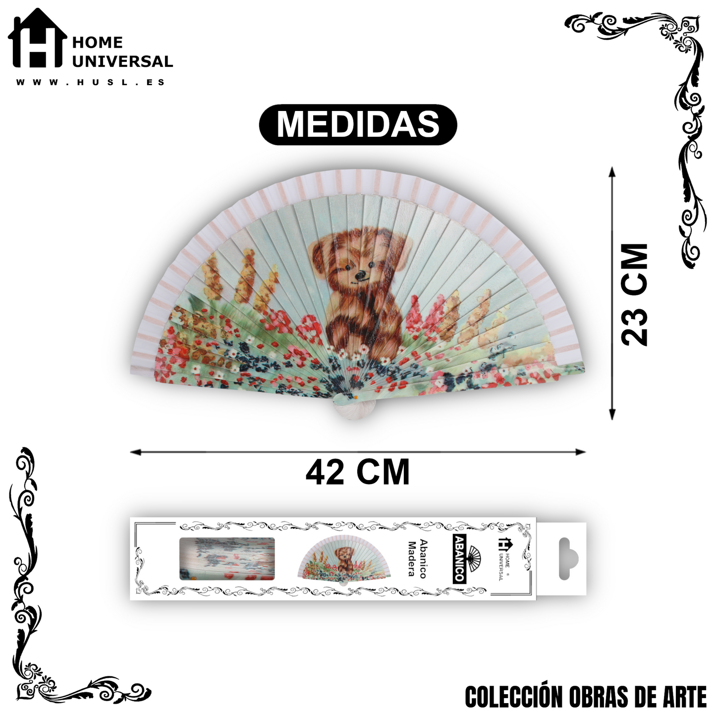 Home Universal®  Abanico 23CM DE Madera Lisa con Tela de Marfil, Abanico de Madera Adornado, Abanico Original - Cachorrito y Flores (Dibujo Artístico)