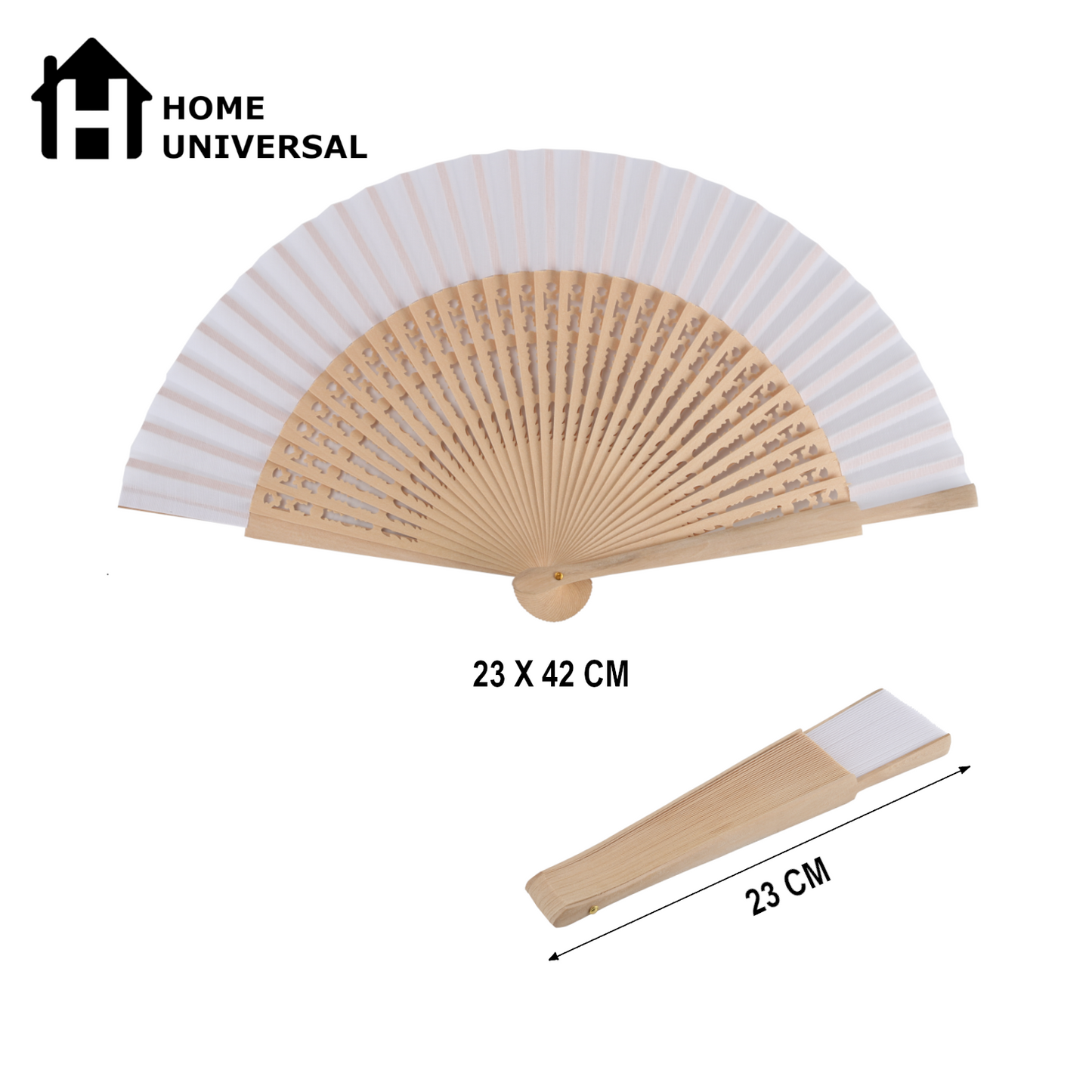 Home Universal ® Pack 12 Unidades Abanicos Madera con Tela Lisa 23cm, Detalles para los Invitados, Regalos de Boda, Fiestas, Comuniones y Otros Eventos (Blanco troquelado con caja)