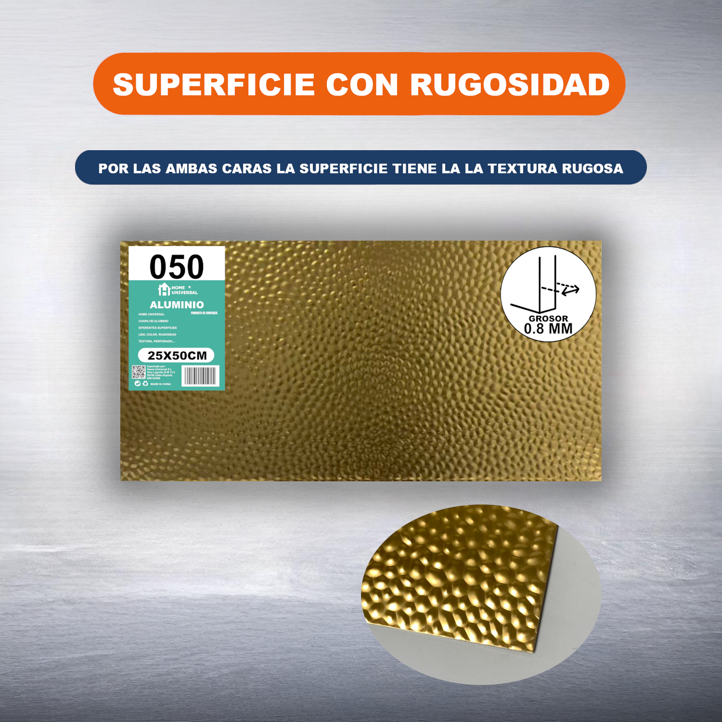 ome Universal® Chapa de Aluminio Estriada, Lisa, Malla y Perforada (Cuadrada, Ovalada, Redonda), Rugosa – Lámina Metálica Resistente Anticorrosión para Bricolaje e Industria Superficie (Rugosidad) - Dorado (25X50CM - 0.8MM)