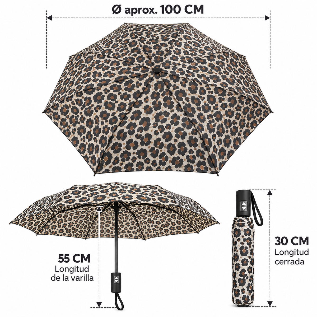 Home Universal® Paraguas Automático Plegable Grande, Compacto y Resistente, para Lluvia y Sol (Automático Apertura y Cierre (Leopardo Marrón))