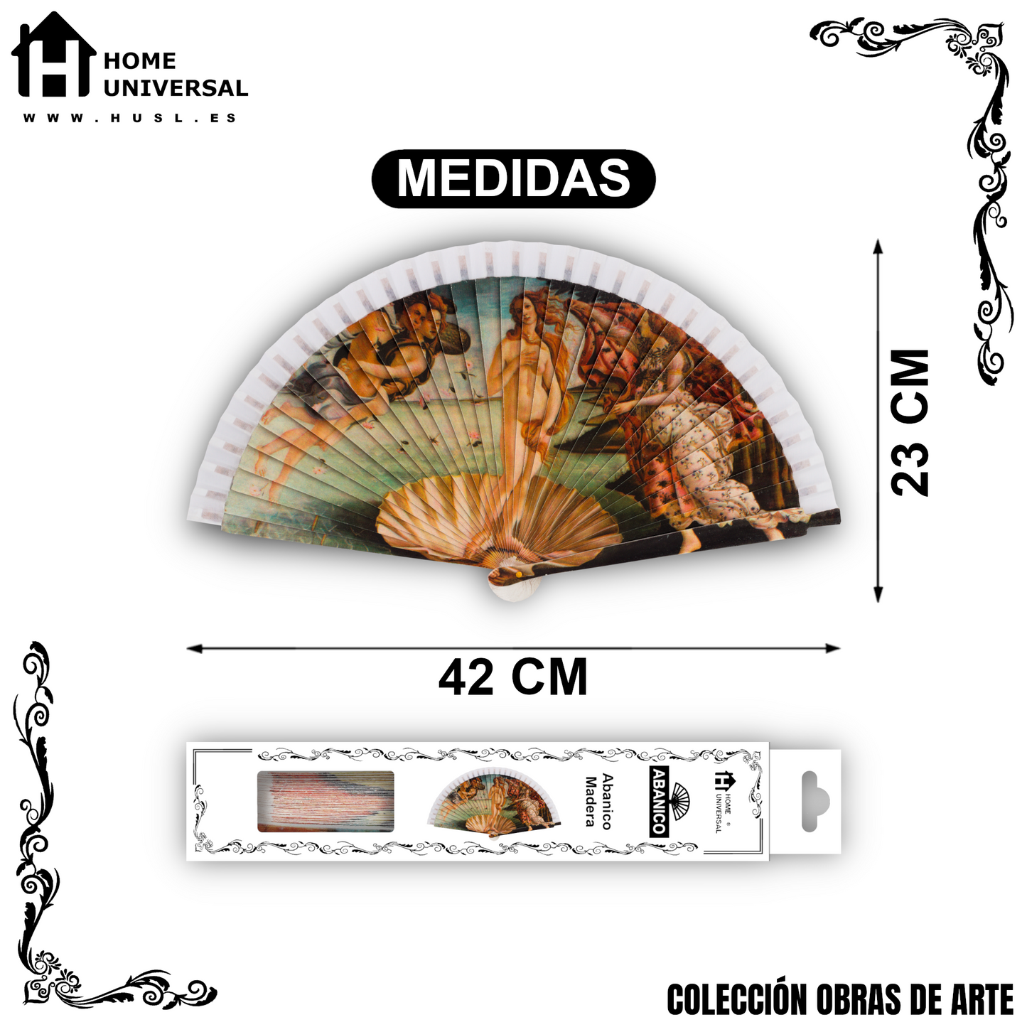 Home Universal®  Abanico 23CM DE Madera Lisa con Tela de Marfil, Abanico de Madera Adornado, Abanico Original - El Nacimiento de Venus de Sandro Botticelli