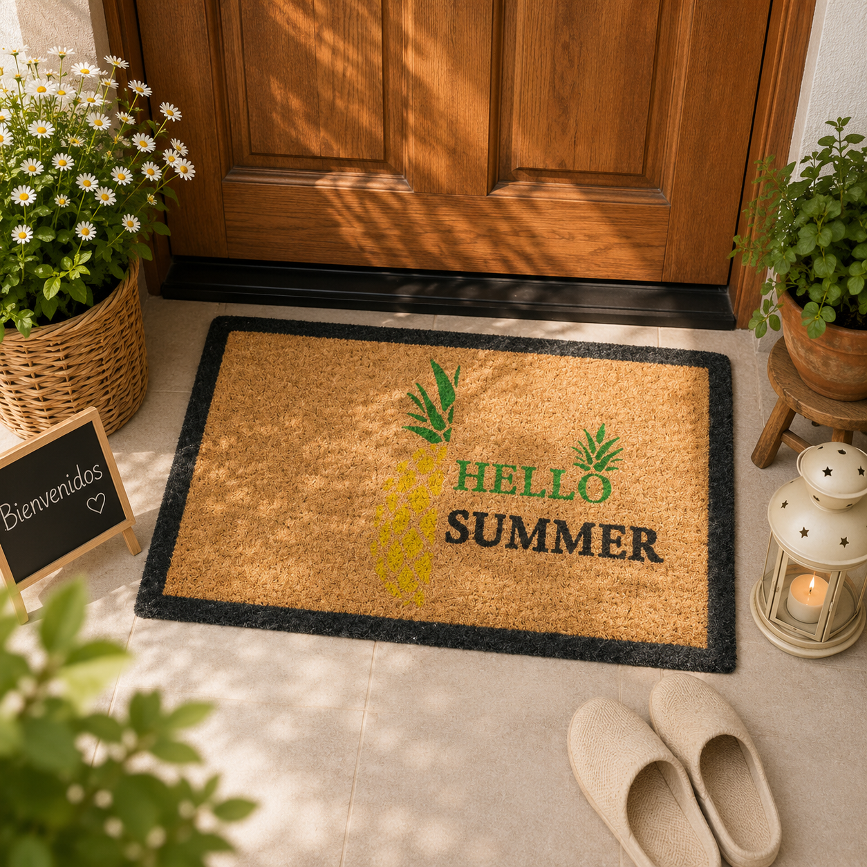Home Universal ® Felpudos 60x40CM Fibra de Coco | Base Antideslizante de Caucho | Apto para el Exterior (Piña Summer)