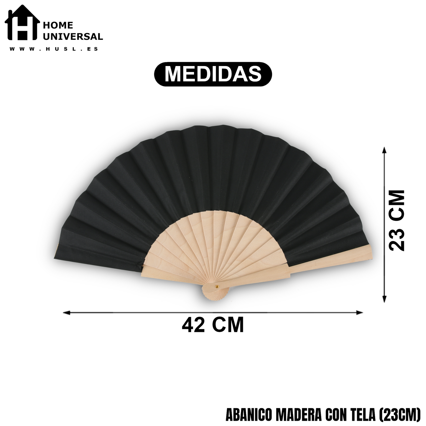 Home Universal ® Pack 12 Unidades Abanicos Madera con Tela Lisa 23cm, Detalles para los Invitados, Regalos de Boda, Fiestas, Comuniones y Otros Eventos - Negro (12 Unidades)