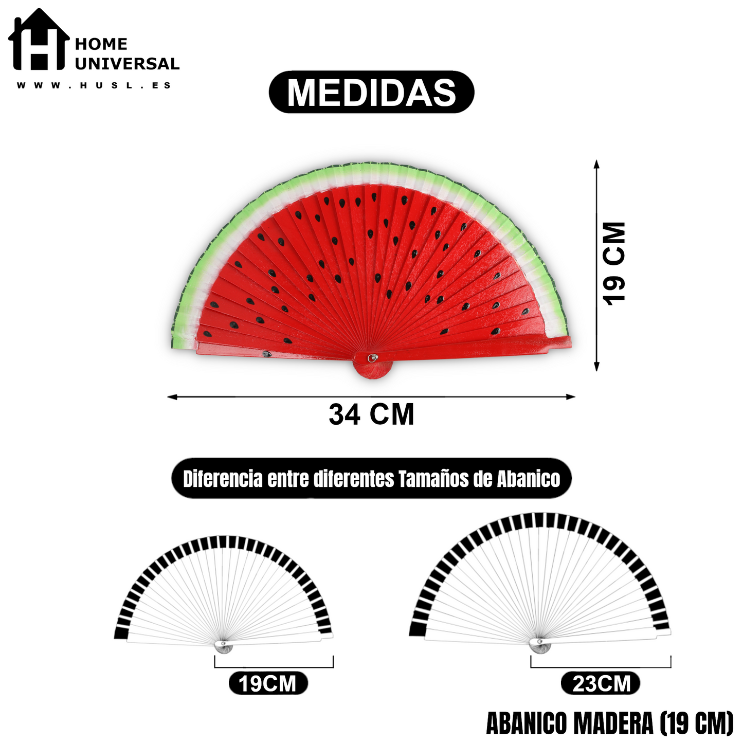 Home Universal® Abanico de Madera para Mujer, Abanico Pequeño de Mano, Modelos Lisos y de Lunares, Varios Colores Disponibles, Abanico Flamenco para Feria, Boda y Fiesta (Sandía)