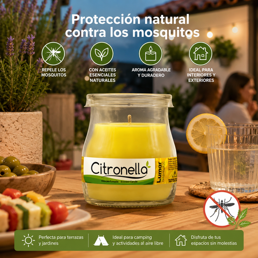 Lumar Citronela – Velas Antimosquitos para Exterior, Jardín, Terraza y Balcón | Protección Natural contra Mosquitos para Verano - Citronela Vaso Cristal (6 Unidades)