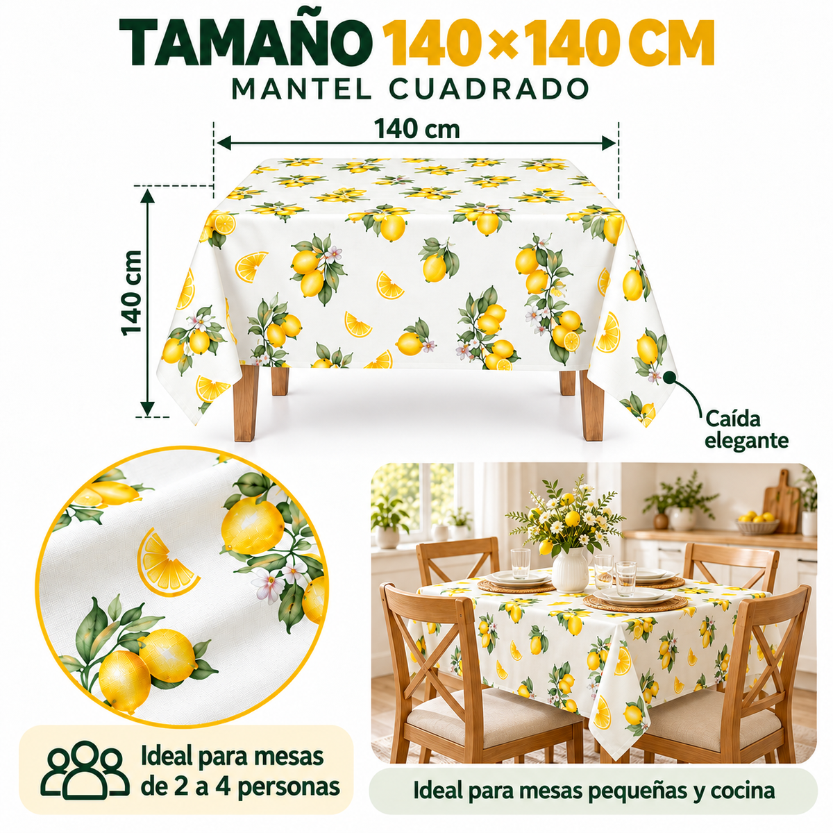 Home Universal® Mantel de Mesa Impermeable y Antimanchas, Tejido de Loneta con Efecto Lino , Liso o Estampado, para Cocina y Comedor (Limones)