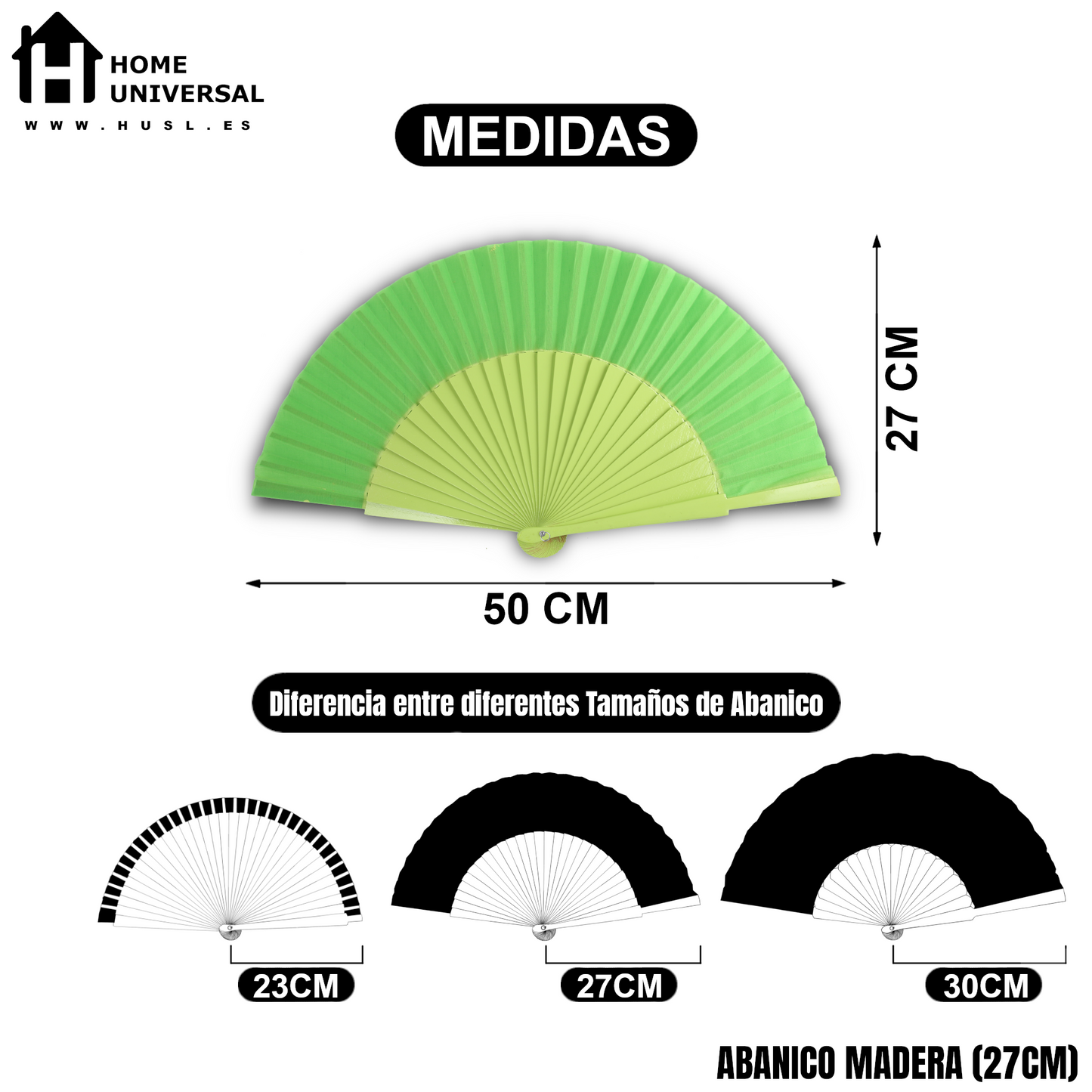 Home Universal® Abanico de madera con argollas para colgar, plegable, ligero y resistente, ideal para bodas, eventos y verano, diseño clásico y portátil perfecto para regalo y uso diario - Verde Claro (27CM)