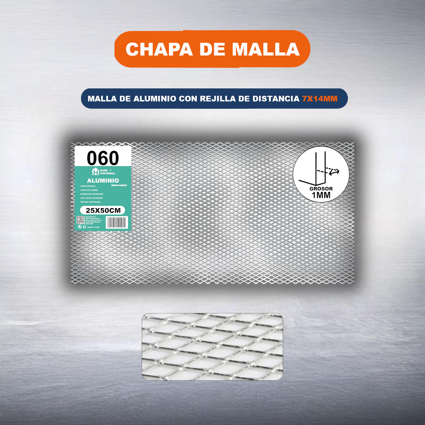 ome Universal® Chapa de Aluminio Estriada, Lisa, Malla y Perforada (Cuadrada, Ovalada, Redonda), Rugosa – Lámina Metálica Resistente Anticorrosión para Bricolaje e Industria Superficie (Malla) - Malla-7X14MM (25X50CM - 1MM)