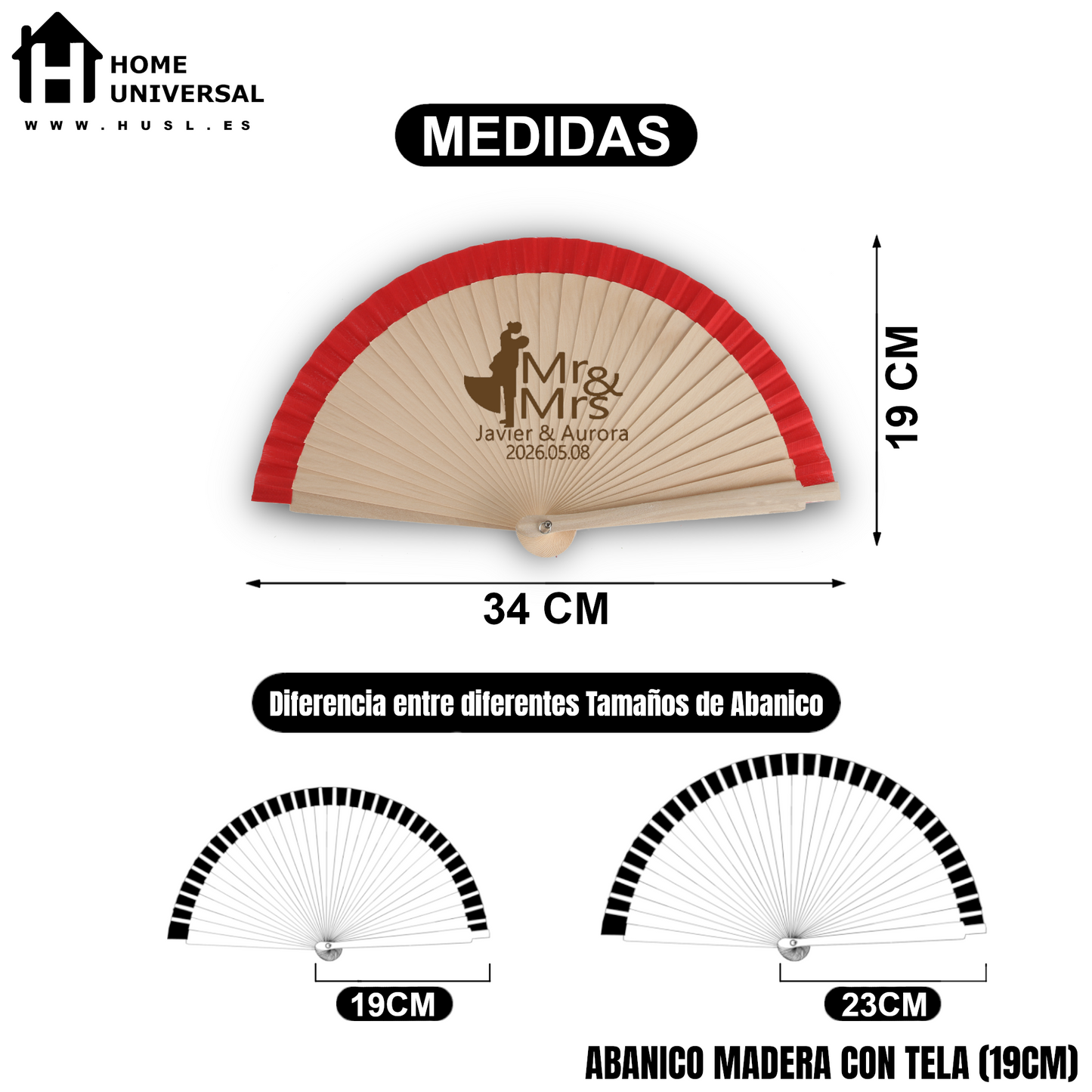 Home Universal® Abanico Personalizado de Madera, 1 Unidad – Detalle Elegante para Boda, Bautizo o Comunión, con Nombre y Fecha, Recuerdo Original para Invitados, 19 y 23 cm(Rojo)