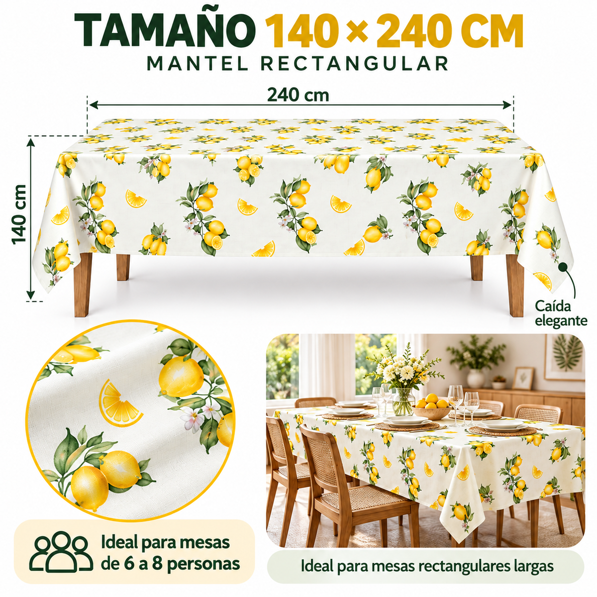 Home Universal® Mantel de Mesa Impermeable y Antimanchas, Tejido de Loneta con Efecto Lino , Liso o Estampado, para Cocina y Comedor (Limones)