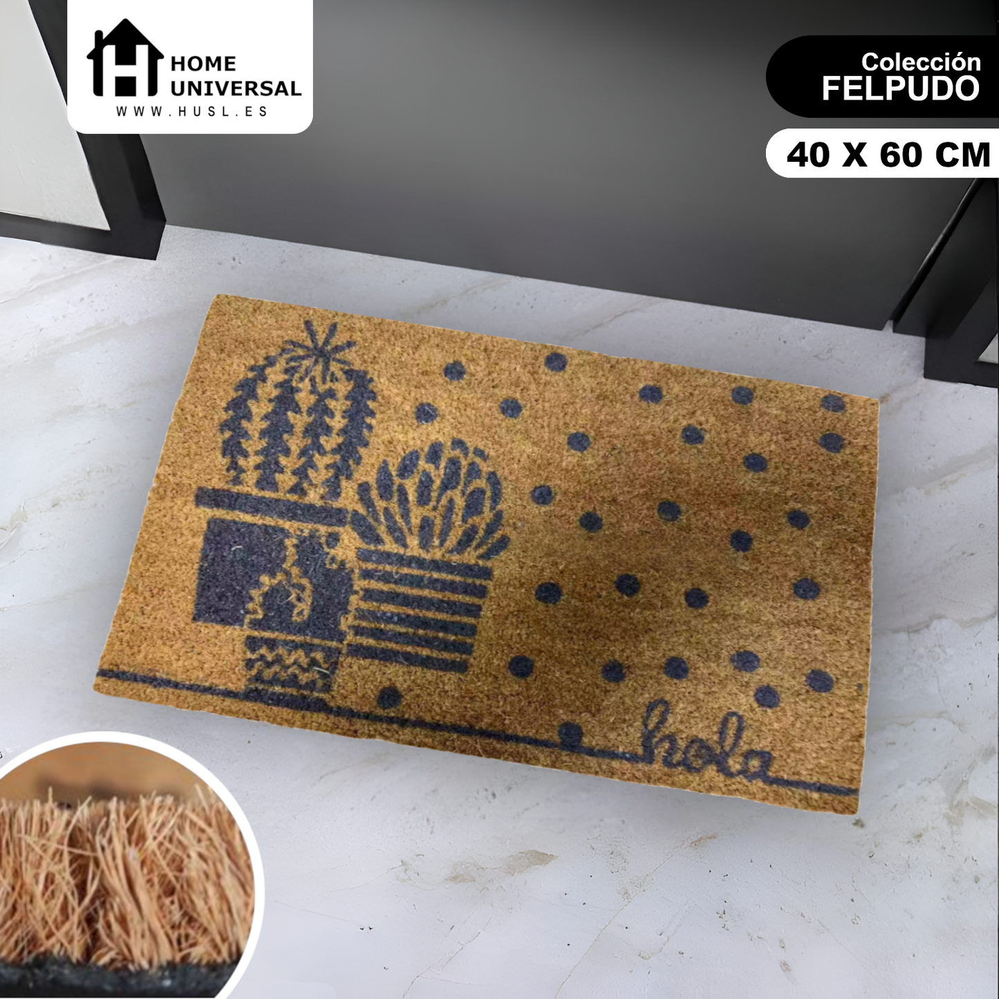 HOME UNIVERSAL | Felpudos de Fibra de Coco con Base Antideslizante 60x40x1.5CM (CACTUS II)