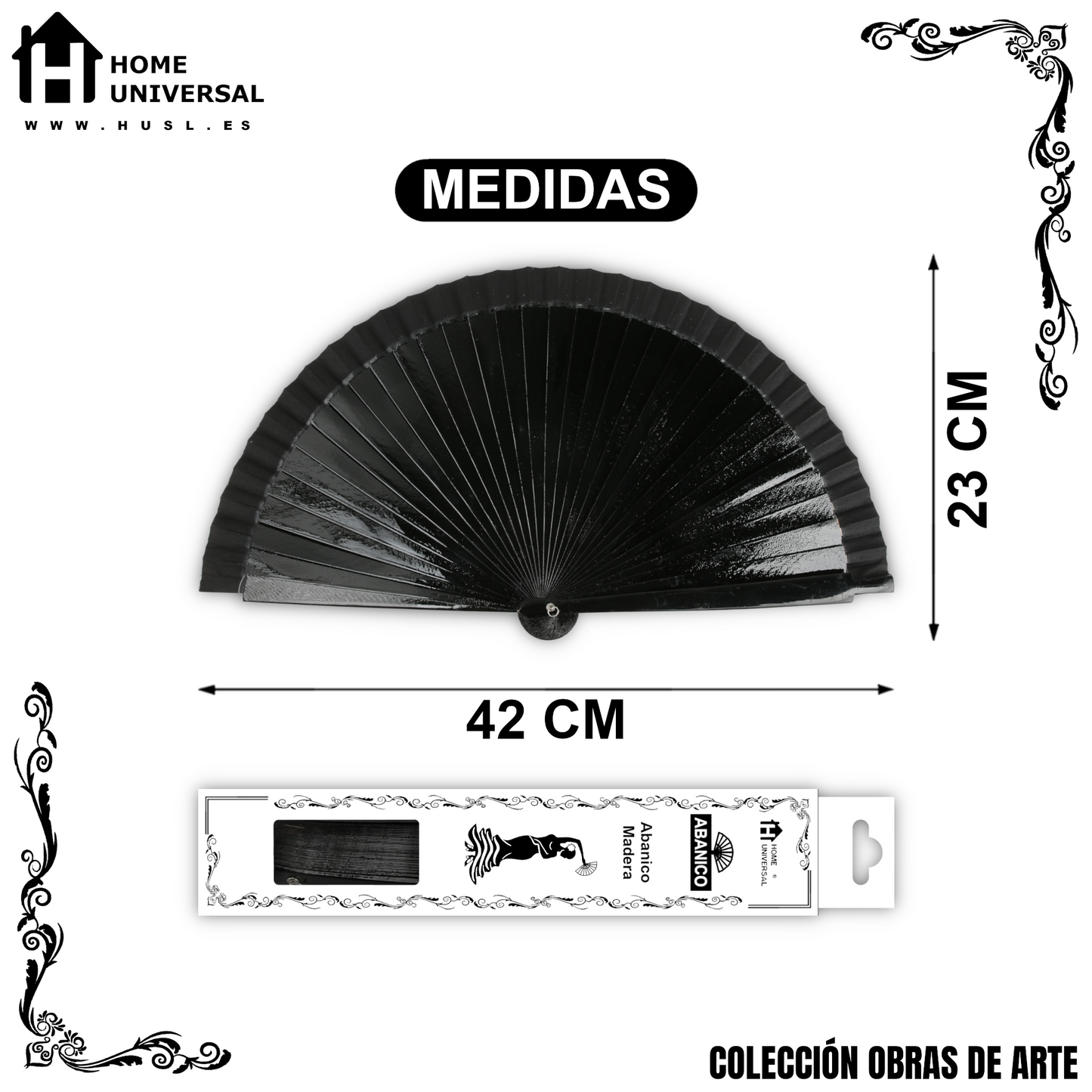 Home Universal®  Abanico 23CM DE Madera Lisa con Tela de Marfil, Abanico de Madera Adornado, Abanico Original - Negro (Liso)