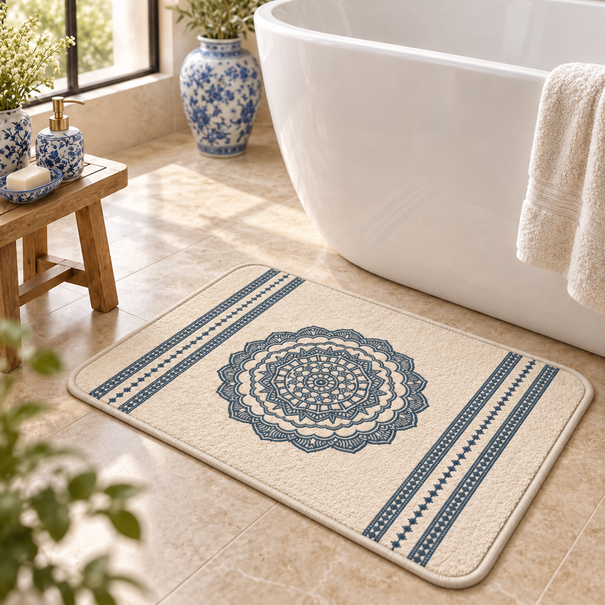 Home Universal® 2 Alfombras de Baño Absorbentes y Antideslizantes, Alfombrillas Suaves con Base de Goma, Lavables a Máquina, para Ducha, Bañera y Lavabo (Mandala Azul, 45 x 75 cm (Rectangular))