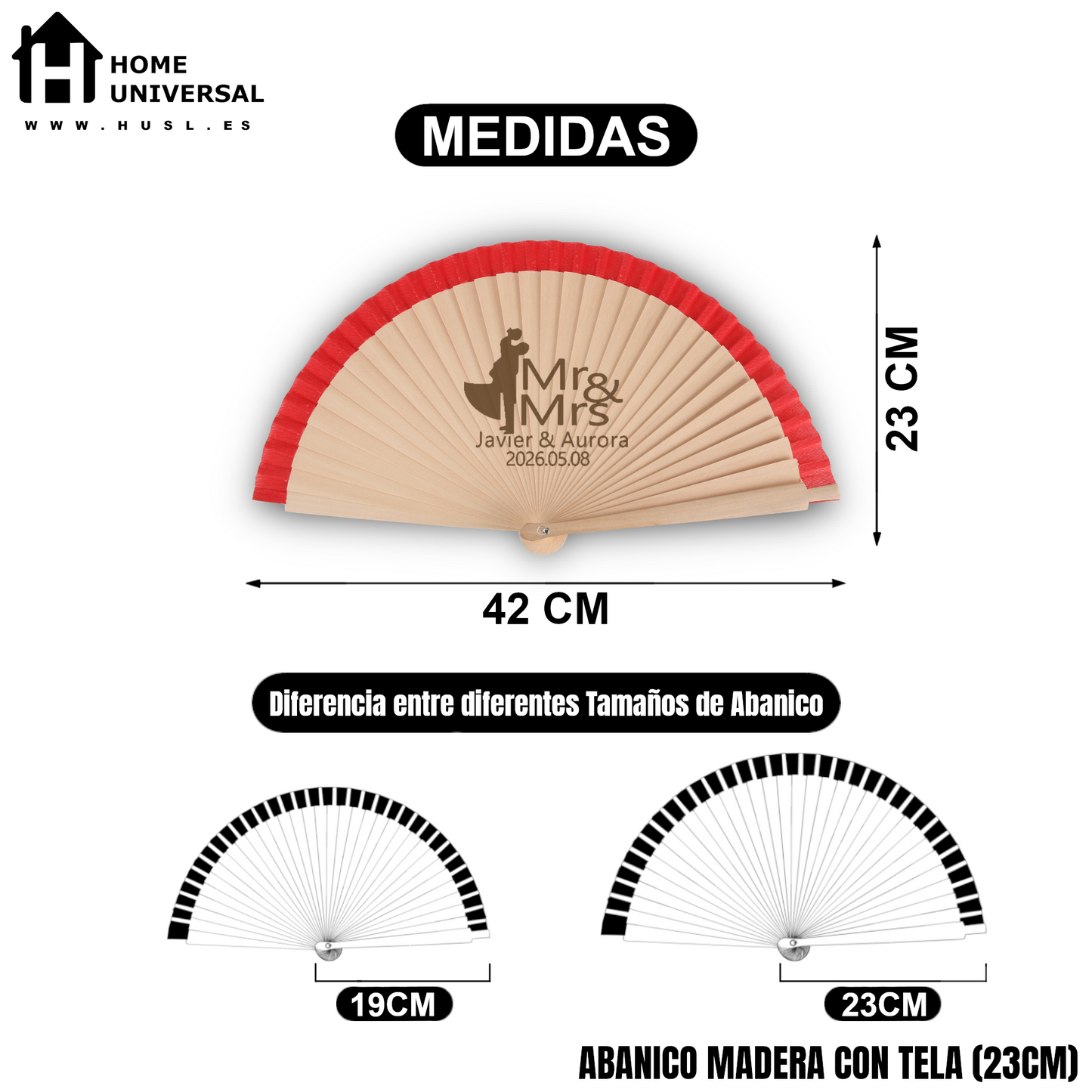 Home Universal® Abanico Personalizado de Madera, 1 Unidad – Detalle Elegante para Boda, Bautizo o Comunión, con Nombre y Fecha, Recuerdo Original para Invitados, 19 y 23 cm(Rojo)