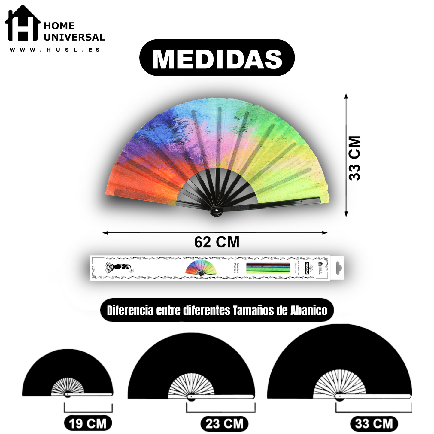 Home Universal® Abanico XXL 33 cm Grande de Plástico con Caja – Plegable, Ligero y Resistente – Efecto Fluorescente Brillante – Ideal para Verano, Fiesta, Discoteca, Pride y Eventos - Neón Arcoíris – Reacciona a la Luz UV