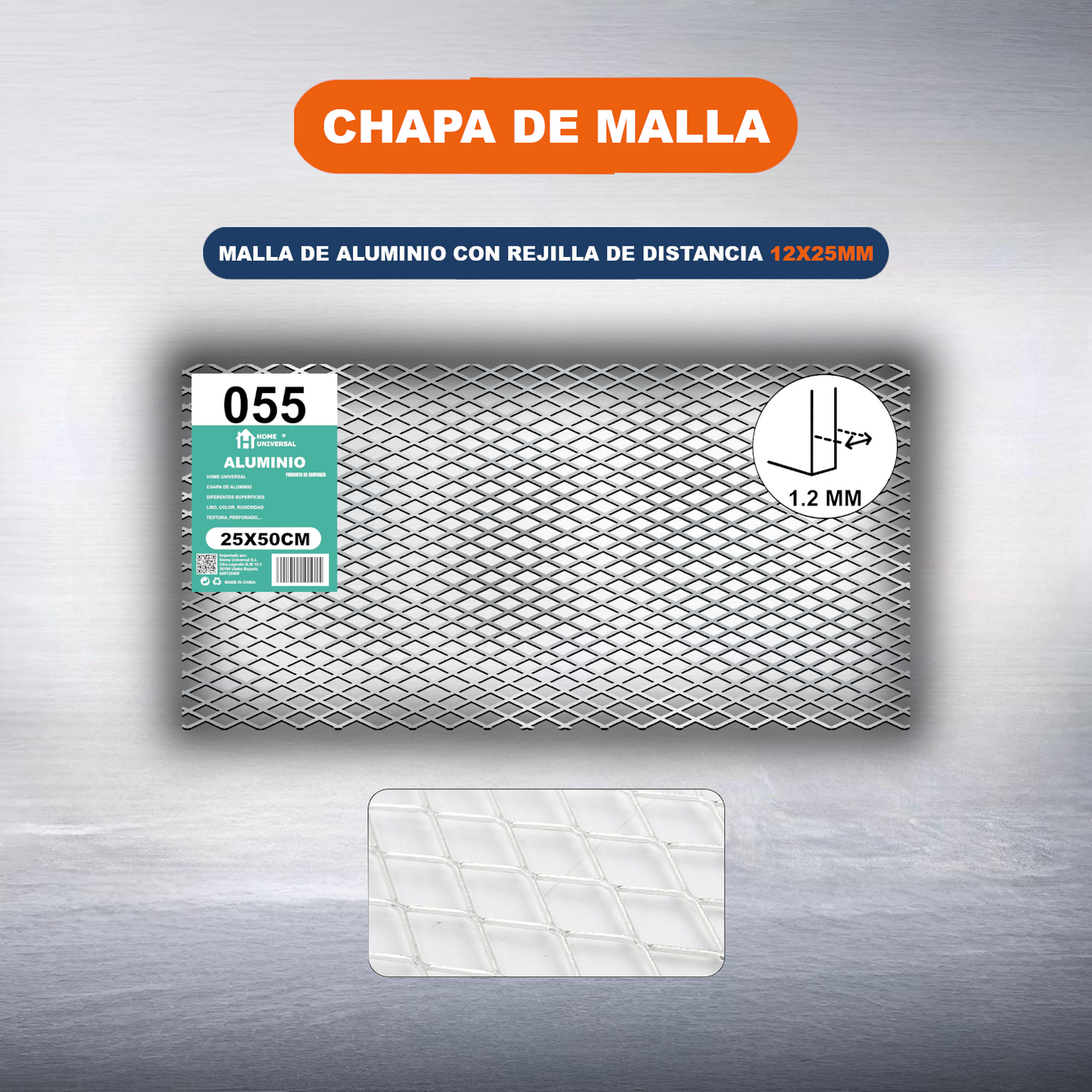ome Universal® Chapa de Aluminio Estriada, Lisa, Malla y Perforada (Cuadrada, Ovalada, Redonda), Rugosa – Lámina Metálica Resistente Anticorrosión para Bricolaje e Industria Superficie (Malla) - Malla-12X25MM (25X50CM - 1.2MM)